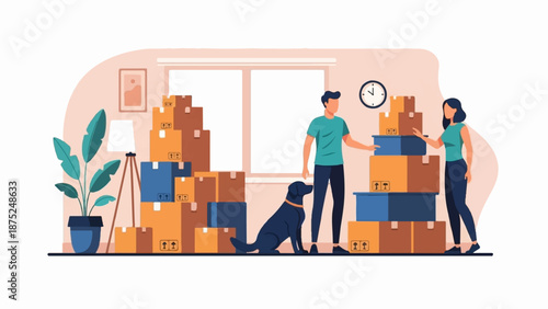 A man, woman, and dog near stacks of moving boxes in a room