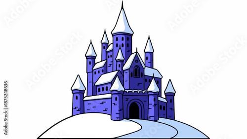 A purple, cartoon-style castle with snow-capped towers and roofs, sits on a snowy hill