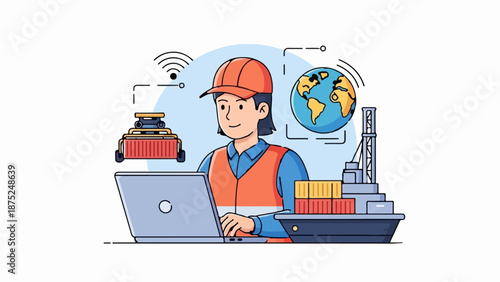 A person in an orange vest and hat works on a laptop, with a ship, globe, and automated cargo