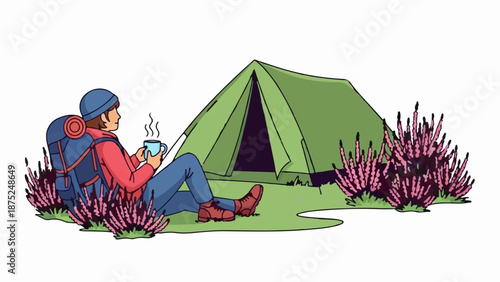 A person in camping gear enjoys a warm drink beside a tent and heather bushes