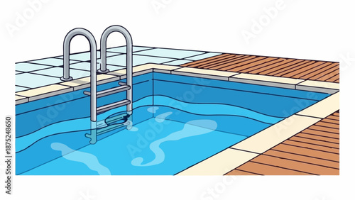 A metal ladder descends into a bright blue swimming pool surrounded by tiled and wooden deck