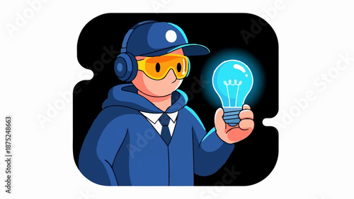 A person in blue attire, headphones, and goggles holds a glowing lightbulb