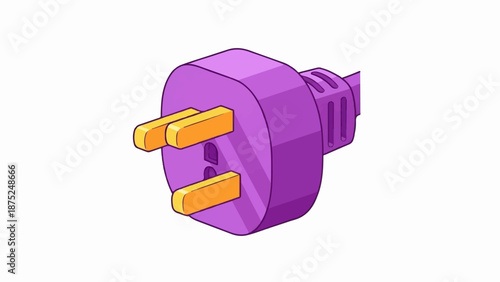 A purple electrical plug with orange prongs and a ribbed cord attachment