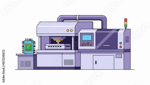 A purple industrial machine with a CPU on a table