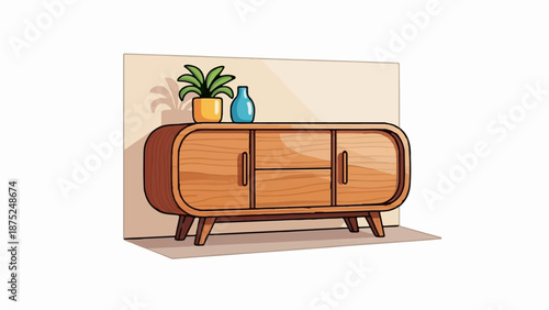 A mid-century modern wooden cabinet with two doors, two drawers, and a plant with blue vase