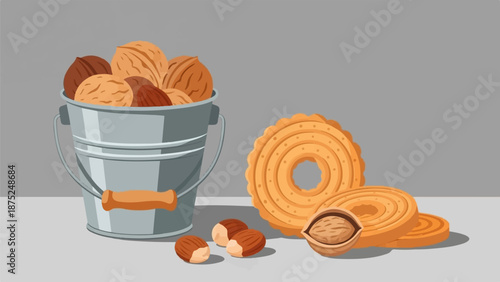 A metal bucket overflows with assorted nuts, accompanied by round cookies and loose nuts