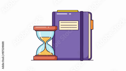 A purple notebook with a label sits next to a clear hourglass with yellow sand