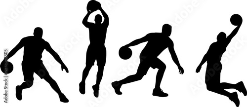 silhouette baskterball player man four postures, black shape on white background