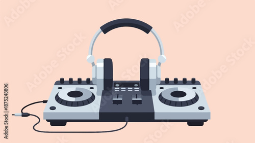 A minimalist flat illustration of a DJ mixer with headphones, against a peach background