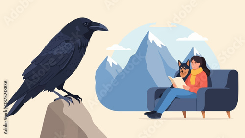 A raven perches on a rock, observing a person and dog reading on a couch