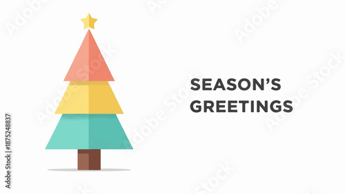 A minimalist, colorful Christmas tree with a star on top, accompanied by "SEASON'S GREETINGS