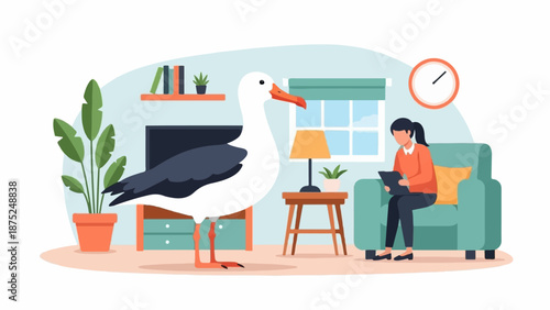 A person reads on a couch while a large seagull stands in the room