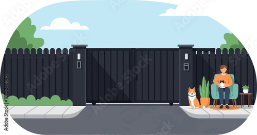 A person sits by a gate with pets, enjoying a calm day outdoors