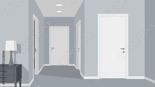 A minimalist hallway with doors and a side table with a lamp