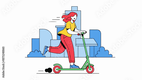 A person rides a scooter with a city skyline in the background