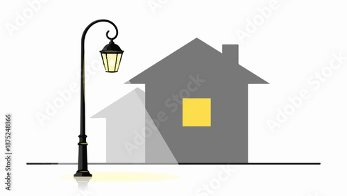 A grey house with a single lit window stands behind a dark lamppost casting a shadow