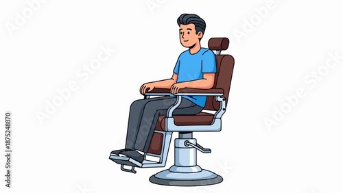 A person sits in a barber chair, ready for a haircut