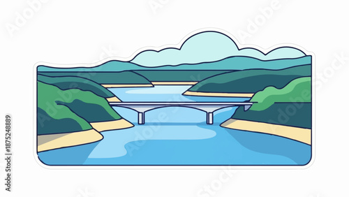 A minimalist illustration depicts a modern bridge spanning across a serene body of water