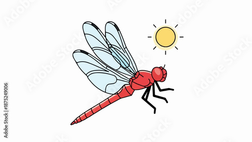 A red dragonfly with translucent wings flies near a stylized yellow sun