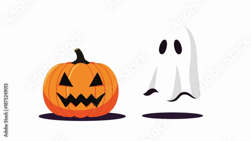 A grinning pumpkin and a floating ghost with dark eyes on a white background
