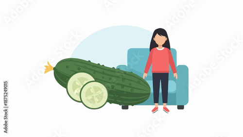 A person stands by a large cucumber and slices
