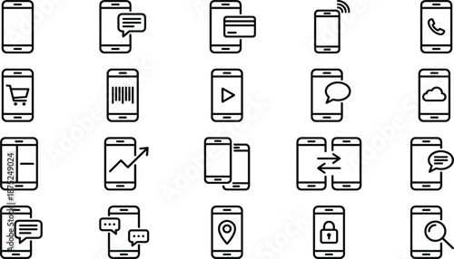 Set of smartphone icons, mobile technology symbols, app interface elements, digital payment, cloud storage, messaging, data security, and communication vector (21 words)