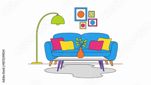A minimalist living room scene with a blue couch, vibrant pillows, and a floor lamp
