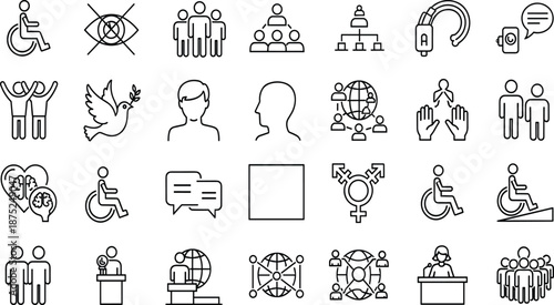 Set of social inclusion icons, diversity symbols, accessibility elements, disability rights, gender equality, community support, global unity, human rights, and cooperation (21 words)