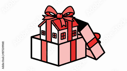 A red gift box opens to reveal several houses, tied with a bow