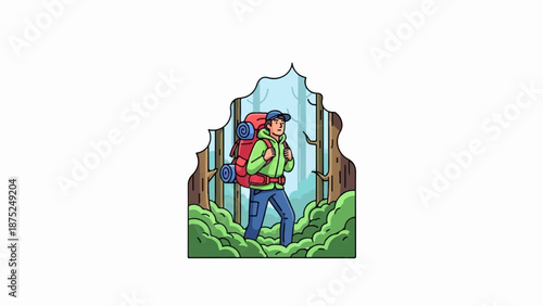 A person with a large red backpack walks through a lush forest with tall trees