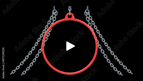 A red ring suspended by chains against a black backdrop