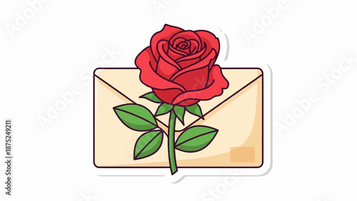 A red rose blooms from a cream-colored envelope, suggesting a special delivery of affection