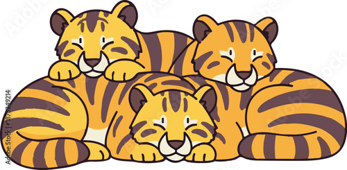 A group of three adorable, stylized tigers cuddled together