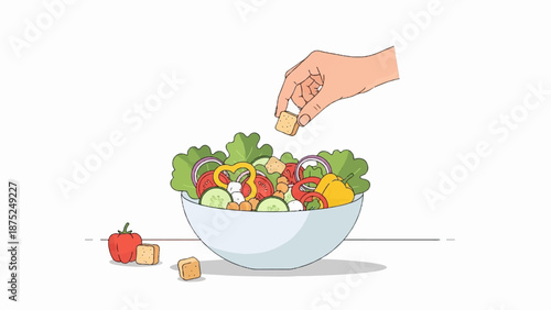 A hand adds a crouton to a colorful salad in a white bowl with vegetables