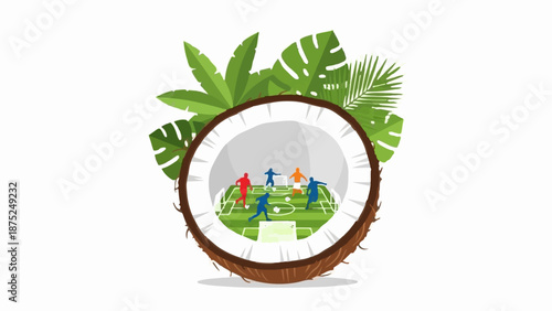 A halved coconut frames a vibrant soccer match amidst lush green foliage