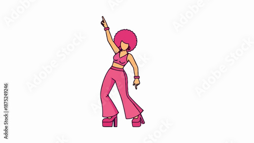 A person with a pink afro and bell-bottom pants dances in pink platforms
