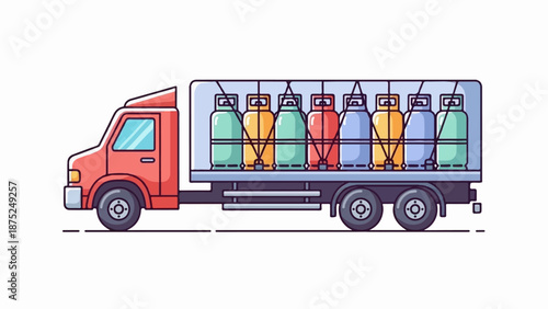 A red truck transports rows of colorful gas cylinders