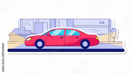 A red sedan drives down a street, with a stylized building and tree in the background