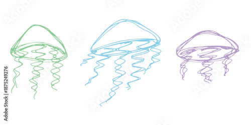 Set of hand drawn jellyfish doodle Sea animal illustration Cute marine underwater creature Medusa sketch clipart Single element for web, design, decor, children's print