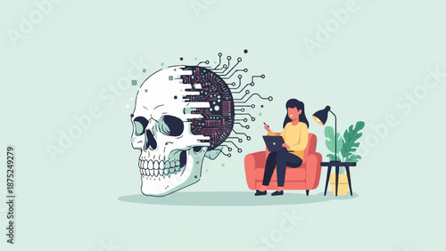 A person works on a laptop in a living room as a skull with circuit board brains looms