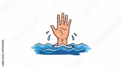 A hand emerges from blue water, signaling distress