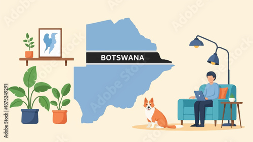 A person works on a laptop in a cozy room with plants, a dog, and a map of Botswana
