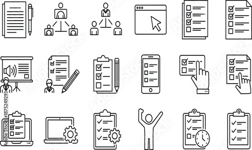 Set of task management icons, business workflow symbols, checklist, project planning, team hierarchy, document verification, laptop settings, and success goals (21 words)