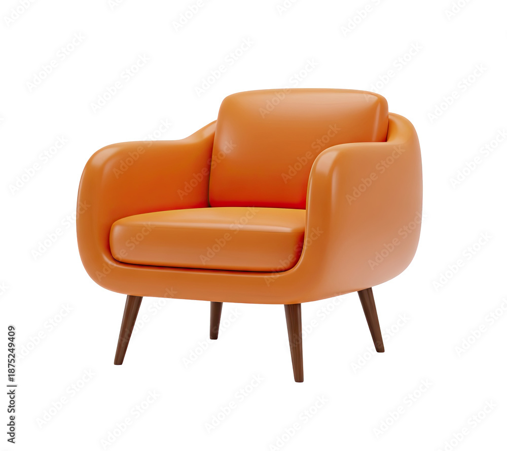 Fototapeta premium Modern orange armchair with wooden legs, stylish and comfortable lounge furniture