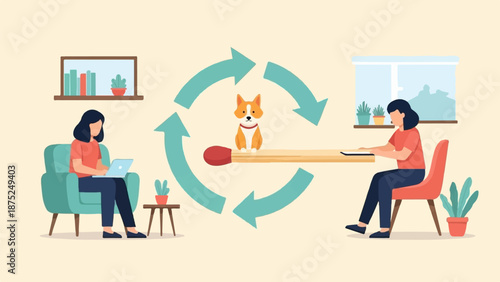 A repeating cycle of home life, work, and a pet