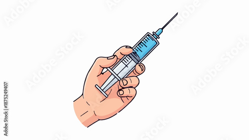 A hand holds a medical syringe with blue liquid and a sharp needle