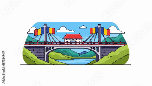 A picturesque bridge spanning a river, adorned with flags and a distant building