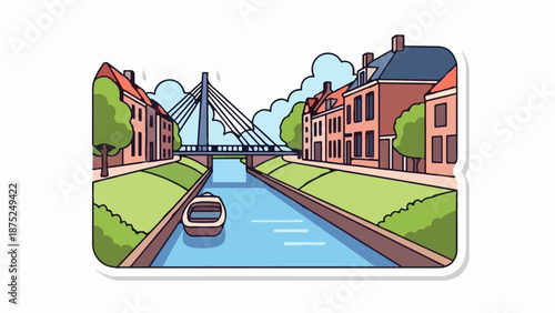 A picturesque canal scene with charming buildings, trees, a suspension bridge, and a small boat