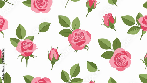 A repeating pattern of pink roses and green leaves on a white background