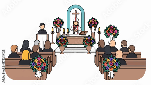 A religious service is being conducted in a church with attendees seated on benches